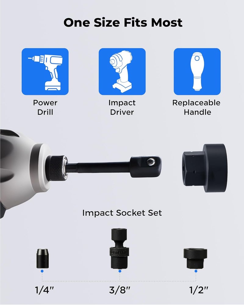 toolant Impact Socket Adapter Set, 3 pcs, 1/4", 3/8", 1/2" Drive, Hex Shank Drill Bit Adapter with Holder, Compatible with Power Drill & Impact Driver - Image 4
